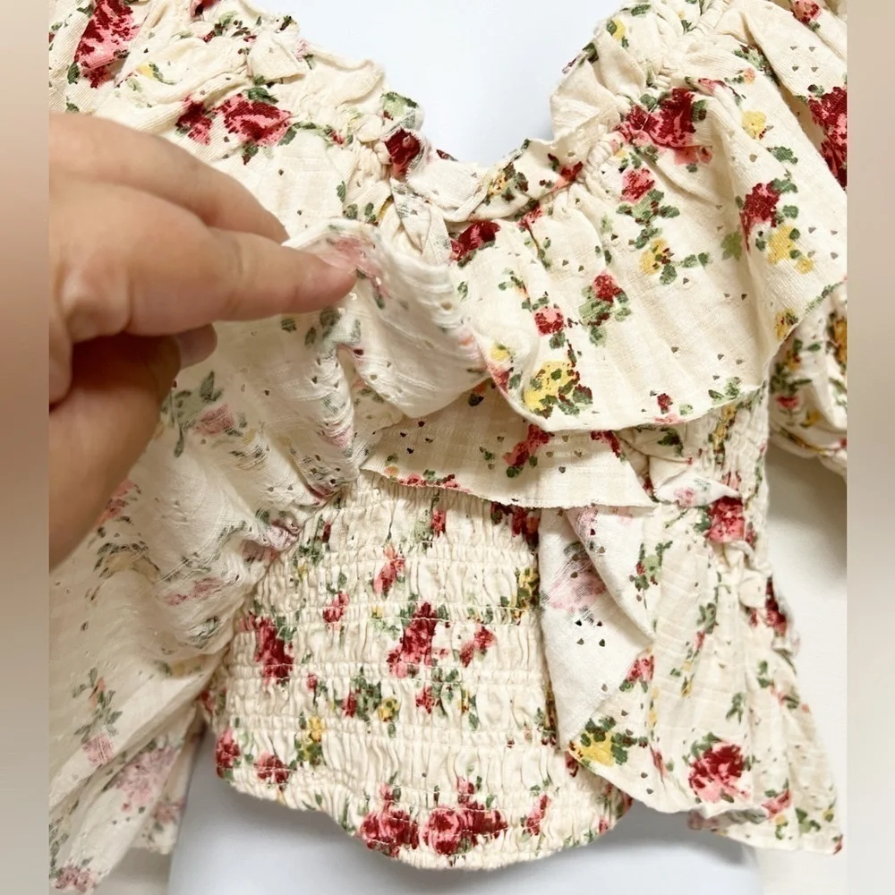 Free People Womens Striped Floral Eyelet Jersey Ruffle Favorite Girl Top Size XS